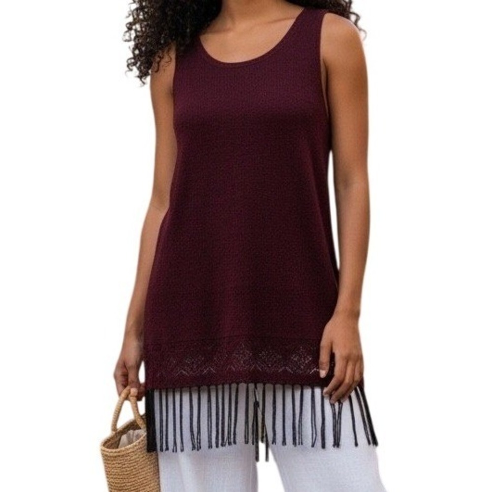 WHITE HOUSE BLACK MARKET Cabernet Crochet Knit Fringe Hem Tunic Top EUC Size XS